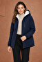 Women's Navy Blue Fur-Lined Water and Wind Resistant Hooded Winter Coat & Jacket - 3