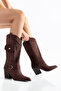 Women's Western Cowboy Suede Look Boots with Pointed Toe, Pocket, Buckle and Thick Heel