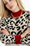Women's Knitwear Sweater Ecru Black Leopard Patterned Red Detailed Crew Neck Long Sleeve Knitted Sweater - 3