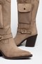 Women's Cowboy Boots - Suede Look, Pointed Toe, Pocket Detail, Buckle, Thick Heel - 5