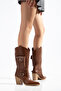 Women's Western Cowboy Suede Look Boots with Pointed Toe, Pocket, Buckle and Thick Heel - 5