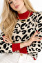 Women's Knitwear Sweater Ecru Black Leopard Patterned Red Detailed Crew Neck Long Sleeve Knitted Sweater - 5