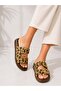 Women's Leopard Patterned Gold Buckle Double Strap Anatomical Sole Slippers - 3