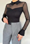 Women's Polo Collar Tulle Garnished Lycra Blouse - 3