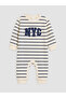 Ecru Crew Neck Striped Baby Boy 2 Thread Jumpsuit - 2
