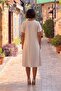 Cream Color Pleated Linen Dress with Pockets - 3