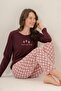 Women's Long Sleeve Plum Patterned Modal Pajama Set (with Socks as a Gift) - 3