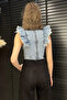 Women's Shoulder Ruffle Back Zipper Jean Denim Blouse - 3