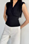 Women's Shoulder Padded Double Breasted Collar Blouse - 2
