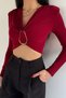 Women's V-Neck Gathered Crop Top Blouse with Gold Buckle Detail - 3