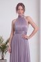 Women's Evening Dress Halter Neckline Pleated Long Satin Textured Evening Gown Navy Blue, Brown, Lilac, Black - 4