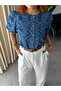 Blue Patterned Balloon Sleeve Cotton Shirt - 5
