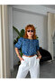 Blue Patterned Balloon Sleeve Cotton Shirt - 3