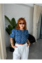 Blue Patterned Balloon Sleeve Cotton Shirt