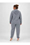 Large Size Oversized Hooded Zippered Lace and Stone Detailed Cotton Viscose Women's Top and Pants Set - 2