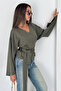 Women's Double Breasted Collar Belted Waist Long Sleeve Stylish Blouse - 3