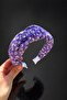 Women's Purple Mini Floral Patterned Knotted Fabric Hair Crown Wide Soft - 2