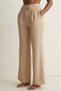 Stone Color Women's High Waist Stretchy Textured Crepe Fabric Wide Leg Palazzo Trousers - Velcro Closure Detail