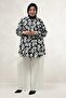68094 Plus Size Cuffed Patterned Mango Tunic - Leaf Patterned Black