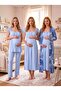 New Season Blue Patterned Lace Detailed Buttoned Design Wide Straps 100% Cotton Maternity Maternity Dressing Gown Nightgown Pajama Set - 5