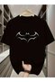 Yarasa Unisex Oversize Printed Crew Neck Short Sleeve Black T-Shirt