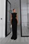 Black Draped Dress with Waist Window Detail - 3