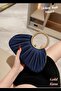 Pleated Bag New Model Pleated Evening Dress Bag Navy Blue Satin with Stone Handle and Chain, Gold Case