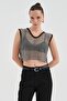 Women's Full Stone Mesh Knit Strap Design Crop Blouse - 6
