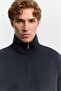 Men's Black Stand Collar Zippered Modal Blend Soft Touch Regular Fit Sweatshirt A62Y1271 - 2