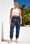 Italian Navy Blue Tropical Patterned Elastic Waist Shalwar with Pockets Linen Look Woven Trousers 93 63 - 4