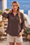 Brown Shirt Collar Buttoned Long Sleeve Washable Casual Muslin Woven Blouse 70 65 - 4