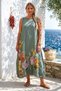 Italian Khaki Pool Collar Sleeveless Pocketed Floral Printed Casual 100% Linen Long Woven Dress 133 67 - 6