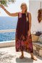 Italian Burgundy Pool Collar Sleeveless Pocketed Floral Printed Casual 100% Linen Long Woven Dress 133 67 - 5