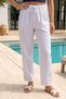 White Pocketed, Embroidered Sides, Elastic and Tie-Waist, Straight Leg Casual Muslin Woven Trousers 96 60 - 3