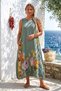 Italian Khaki Pool Collar Sleeveless Pocketed Floral Printed Casual 100% Linen Long Woven Dress 133 67 - 5