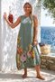 Italian Khaki Pool Collar Sleeveless Pocketed Floral Printed Casual 100% Linen Long Woven Dress 133 67 - 3