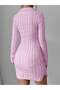 Women's Polo Collar Hair Knit Patterned Button Detailed Long Sleeve Mini Knitwear Dress - 2