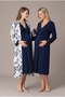 Women's Navy Blue Floral Patterned Buttoned Lace Long Sleeve Dressing Gown Maternity Pajama Set - 3