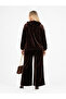 Plus Size Oversized Hooded Zippered Rose Patterned Velvet Look Wide Leg Women's Top and Bottom Set with Stripe Detail - 2