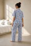 Viscose Woven Blue Gingham Cherry Patterned Ruffle Pajama Set - 2