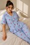 Viscose Woven Blue Gingham Cherry Patterned Ruffle Pajama Set - 3