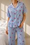 Viscose Woven Blue Gingham Cherry Patterned Ruffle Pajama Set