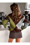 Women's V-Neck Diamond Patterned Color Blocked Oversize Knitwear Sweater - 3