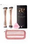 4 piece Luxury The Dubai Duo Gold Make Up Dual Sided Brush Set ,V Shape Puff , Pink Makeup Bag