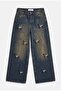 Women's Dark Denim 2W6-8 Palazzo Fit Special Embroidery Patterned Design Denim Jean