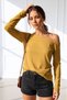 Mustard Yellow Women's Off Shoulder Boat Neck Relaxed Fit Long Sleeve T-Shirt
