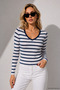 Women's Navy Blue Striped Cotton Camisole V-Neck Blouse - 3