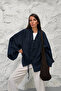 Women's Hakim Collar Brit Buttoned Fringe Detailed Wide Sleeve Jacket Kimono 0133 - Navy Blue - 2
