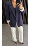 Women's Black Blazer Jacket with Folded Sleeves and Striped Inner Lining - 6