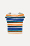 Women's Orange Striped Crew Neck Low Sleeve Knitted T-Shirt